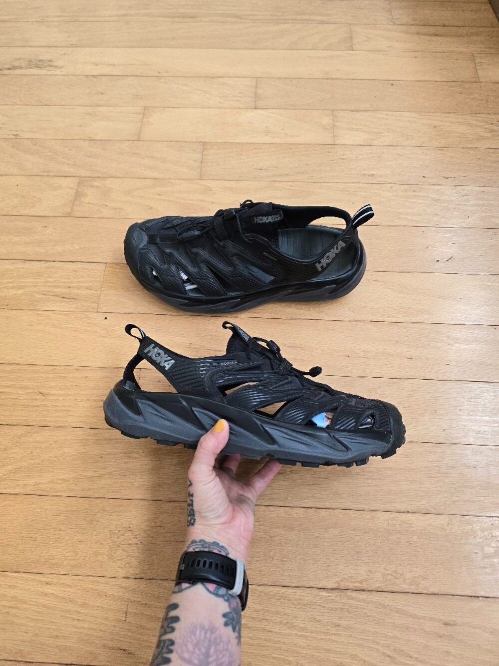 HOKA ONE ONE | Hopara BDSD Black Monochrome Gorpcore Hiking Sandals | Men 11.5